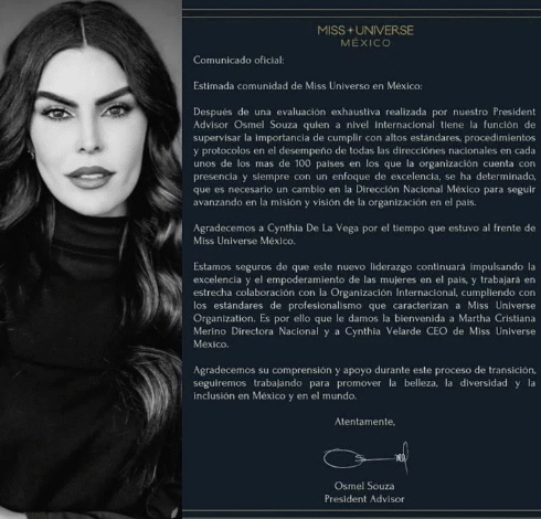Destituyen a Cynthia de la Vega como directora de Miss Universo México