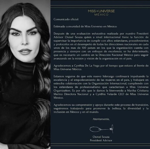 Destituyen a Cynthia de la Vega como directora de Miss Universo México
